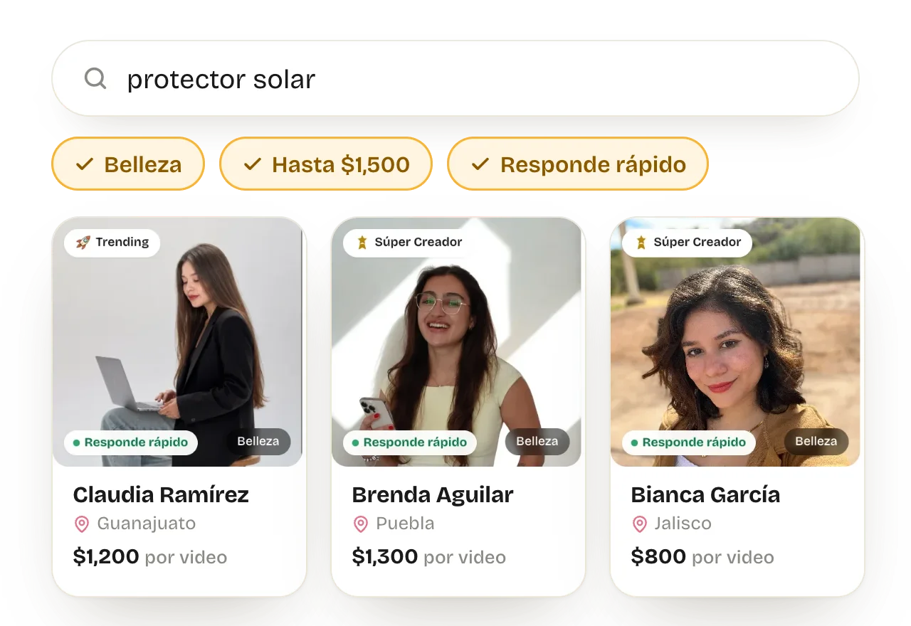 Buscas protector solar, marcas Belleza, Hasta $1,500 y Responde rápido, aparecen Claudia, Brenda y Bianca con su precio por video y eliges a Brenda