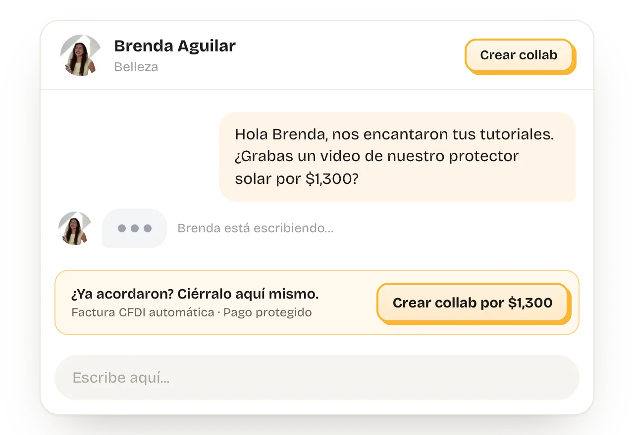 Le escribes a Brenda qué video quieres y por cuánto, Brenda está escribiendo y abajo aparece el botón Crear collab por $1,300