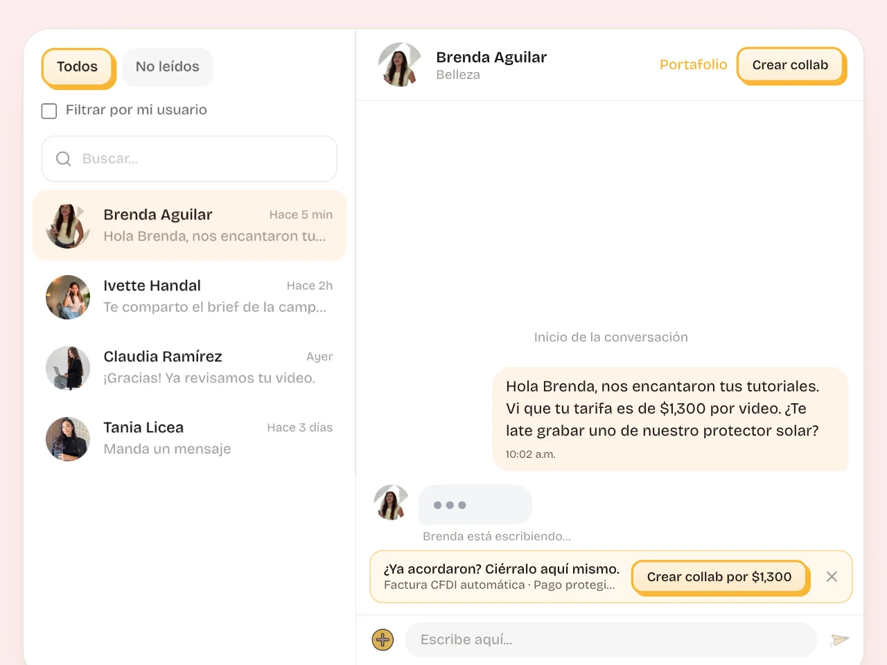 Tus conversaciones con creadoras y el chat con Brenda abierto